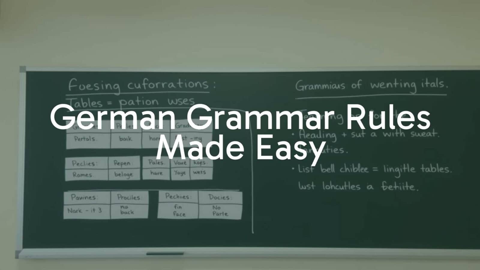 A clean, minimalist blackboard with German grammar rules written in chalk, including declension tables and verb conjugations, simple and organized, pastel-colored background, educational vibe.