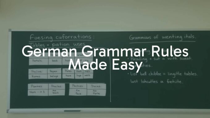 A clean, minimalist blackboard with German grammar rules written in chalk, including declension tables and verb conjugations, simple and organized, pastel-colored background, educational vibe.