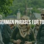 Tourist in Germany using basic German phrases, cheerful interaction with locals, scenic background with landmarks, vibrant and welcoming atmosphere, realistic.