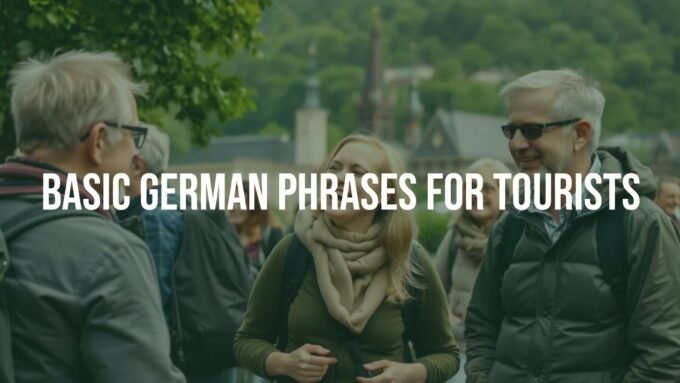 Tourist in Germany using basic German phrases, cheerful interaction with locals, scenic background with landmarks, vibrant and welcoming atmosphere, realistic.