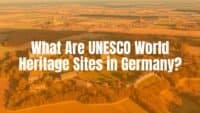 Aerial view of Germany's diverse UNESCO World Heritage Sites, including medieval castles, historic cathedrals, and industrial landmarks, under golden sunlight.