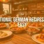 Cozy German kitchen scene, traditional hearty dishes on a wooden table, warm lighting, rustic and inviting atmosphere, realistic.
