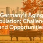 An elderly German couple sitting on a park bench surrounded by autumn leaves, looking at a modern city skyline with cranes constructing new buildings, realistic style.