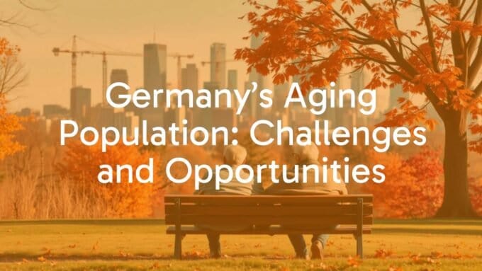 An elderly German couple sitting on a park bench surrounded by autumn leaves, looking at a modern city skyline with cranes constructing new buildings, realistic style.