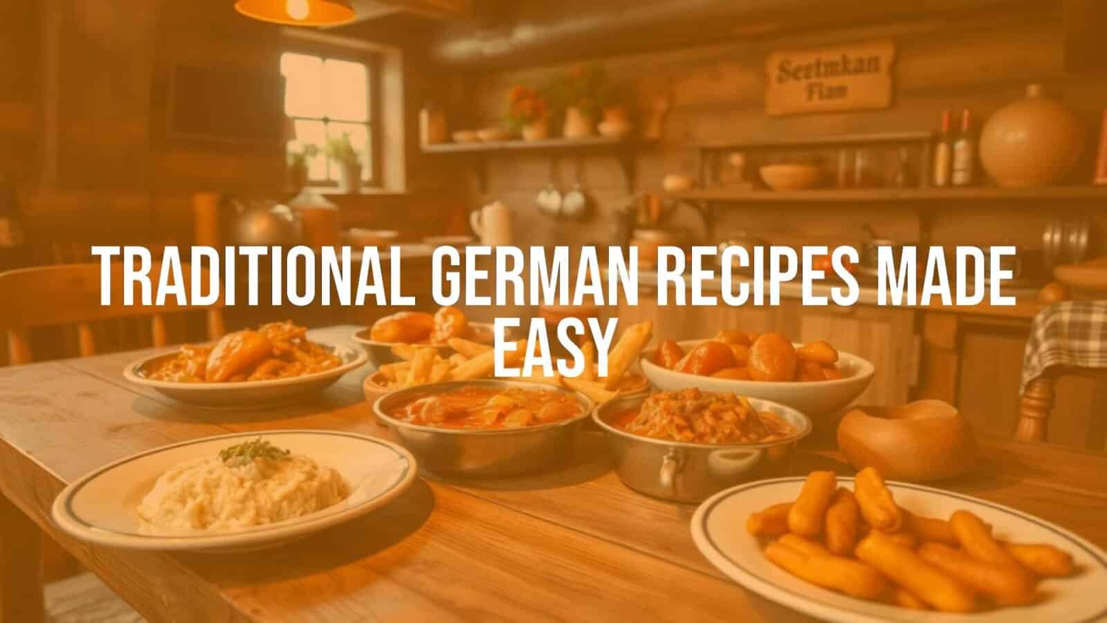 Cozy German kitchen scene, traditional hearty dishes on a wooden table, warm lighting, rustic and inviting atmosphere, realistic.