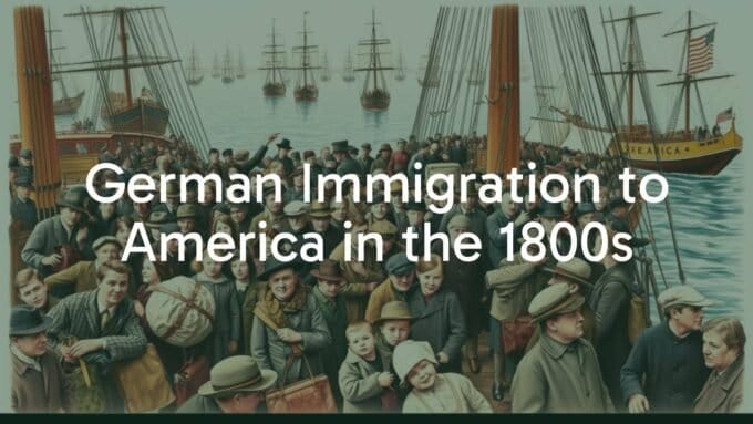 German immigrants boarding a ship to America in the 1800s, crowded harbor scene, wooden sailing ships, families with luggage, hopeful expressions, historical realistic style.