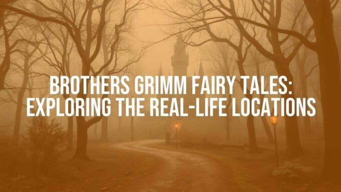 Enchanted forest from Brothers Grimm fairy tales, with a winding path leading to a medieval castle, misty atmosphere, fairytale style.