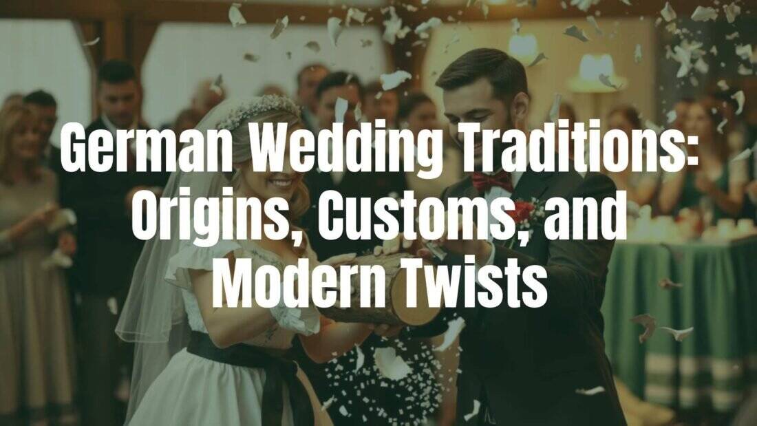 German wedding couple in traditional attire, sawing a log together, lively Polterabend scene with broken porcelain, warm and festive atmosphere, realistic.