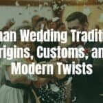 German wedding couple in traditional attire, sawing a log together, lively Polterabend scene with broken porcelain, warm and festive atmosphere, realistic.