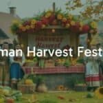 A vibrant German harvest festival scene, with a decorated harvest altar, fresh fruits and vegetables, happy people in traditional attire, countryside setting, warm autumn colors, festive atmosphere, realistic.