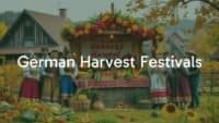 A vibrant German harvest festival scene, with a decorated harvest altar, fresh fruits and vegetables, happy people in traditional attire, countryside setting, warm autumn colors, festive atmosphere, realistic.