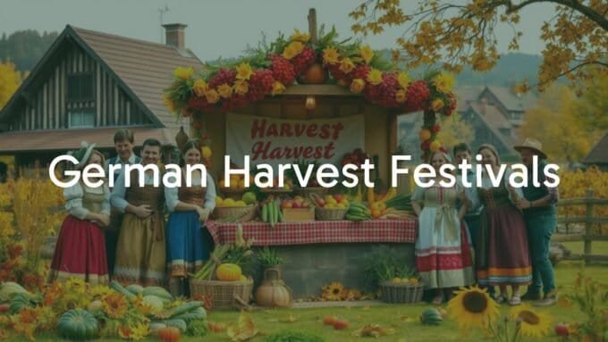 A vibrant German harvest festival scene, with a decorated harvest altar, fresh fruits and vegetables, happy people in traditional attire, countryside setting, warm autumn colors, festive atmosphere, realistic.