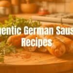 Assortment of traditional German sausages on a wooden cutting board, fresh herbs and spices nearby, rustic kitchen setting, warm lighting, realistic.