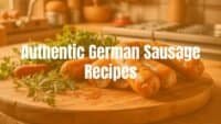 Assortment of traditional German sausages on a wooden cutting board, fresh herbs and spices nearby, rustic kitchen setting, warm lighting, realistic.