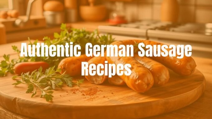 Assortment of traditional German sausages on a wooden cutting board, fresh herbs and spices nearby, rustic kitchen setting, warm lighting, realistic.