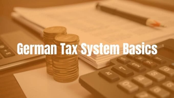 German tax system concept, stacked coins with Euro symbols, documents and calculator on a desk, professional and organized, muted colors, realistic.