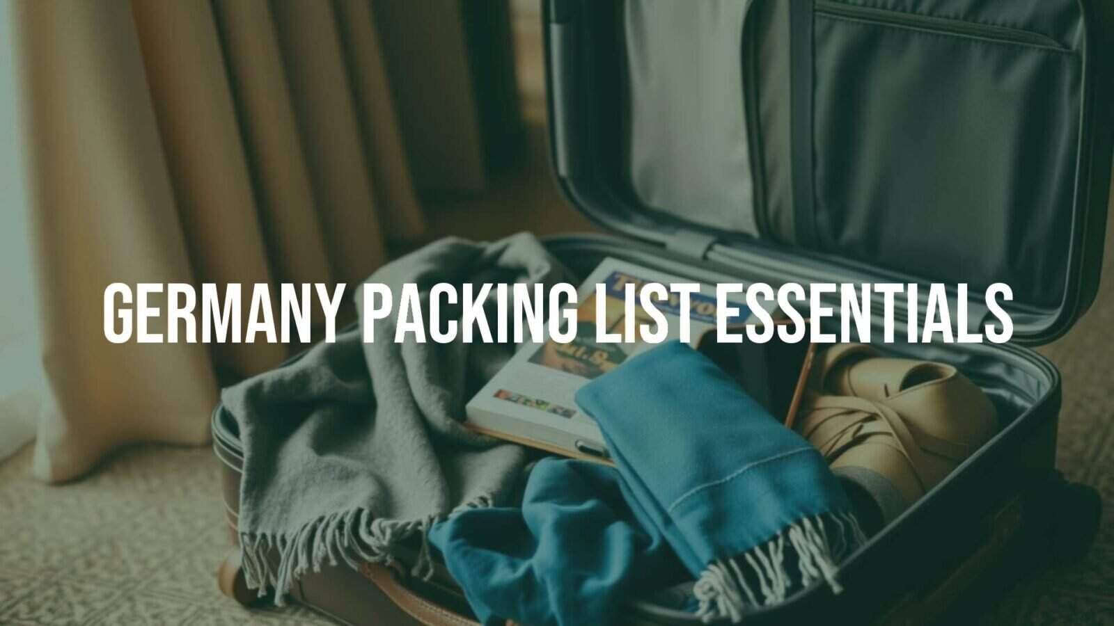A stylish open suitcase with travel essentials for Germany, including a scarf, comfortable shoes, a guidebook, and a smartphone, set in a cozy room with warm lighting, realistic.