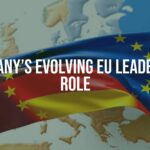 A symbolic image representing Germany's leadership role in Europe, featuring the European Union flag intertwined with the German flag, set against a backdrop of a united Europe map, realistic style.