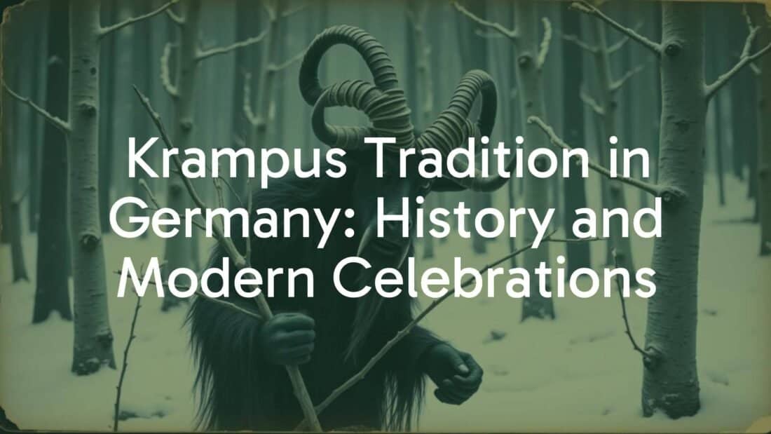 A horned, goat-like Krampus figure in a dark snowy forest, holding birch twigs, atmospheric and eerie, vintage postcard style.