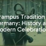 A horned, goat-like Krampus figure in a dark snowy forest, holding birch twigs, atmospheric and eerie, vintage postcard style.