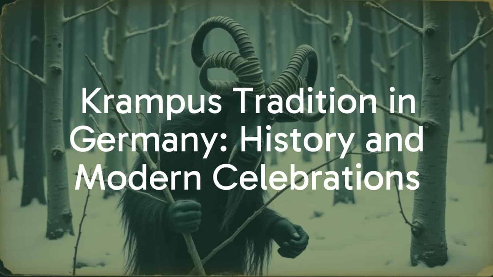 A horned, goat-like Krampus figure in a dark snowy forest, holding birch twigs, atmospheric and eerie, vintage postcard style.