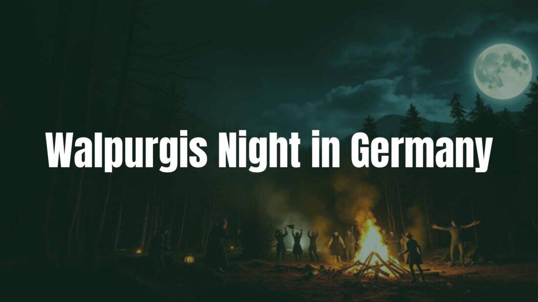 Dark forest with a large bonfire, witches dancing around it, full moon, mystical atmosphere, night sky, Harz Mountains in the background, traditional German festival, realistic.