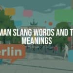 Colorful speech bubbles with German slang words, urban street scene in Berlin, casual mood, vibrant and illustrative.