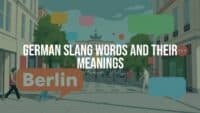 Colorful speech bubbles with German slang words, urban street scene in Berlin, casual mood, vibrant and illustrative.
