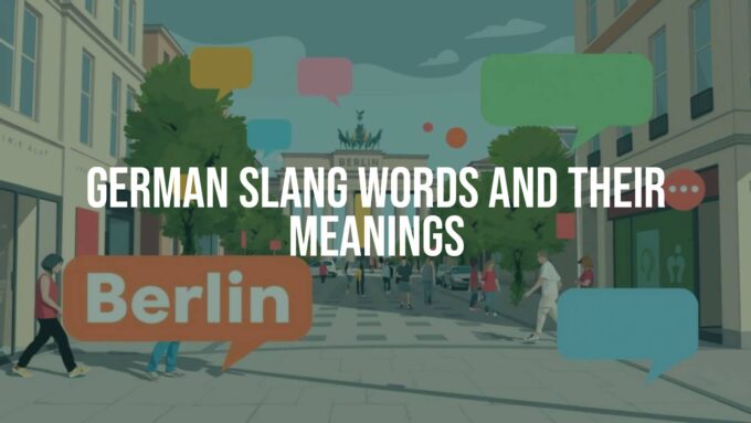 Colorful speech bubbles with German slang words, urban street scene in Berlin, casual mood, vibrant and illustrative.