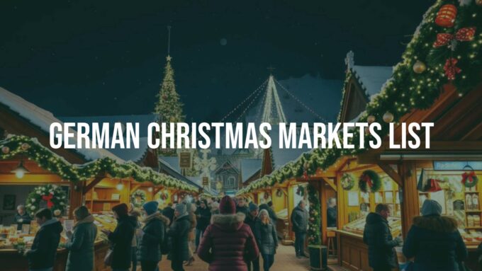 A bustling German Christmas market at night, wooden stalls with festive decorations, twinkling fairy lights, people holding mulled wine, snow-covered rooftops, cozy winter atmosphere, realistic.