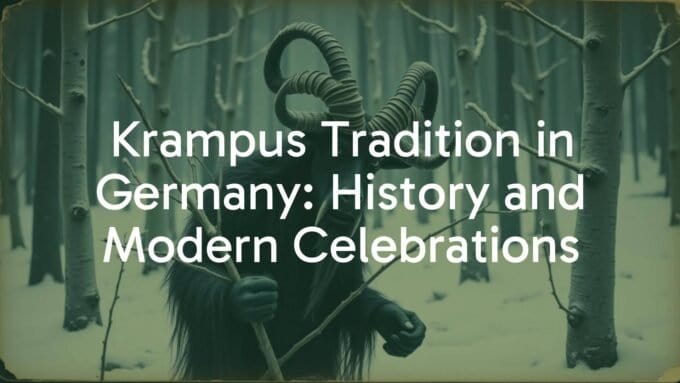 A horned, goat-like Krampus figure in a dark snowy forest, holding birch twigs, atmospheric and eerie, vintage postcard style.