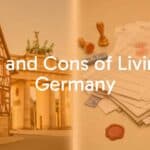 A modern split-screen conceptual image representing Germany, featuring a picturesque traditional half-timbered house and the Brandenburg Gate on one side, and a stack of complex bureaucratic paperwork and stamps on the other, professional photography, clean composition, bright natural light.