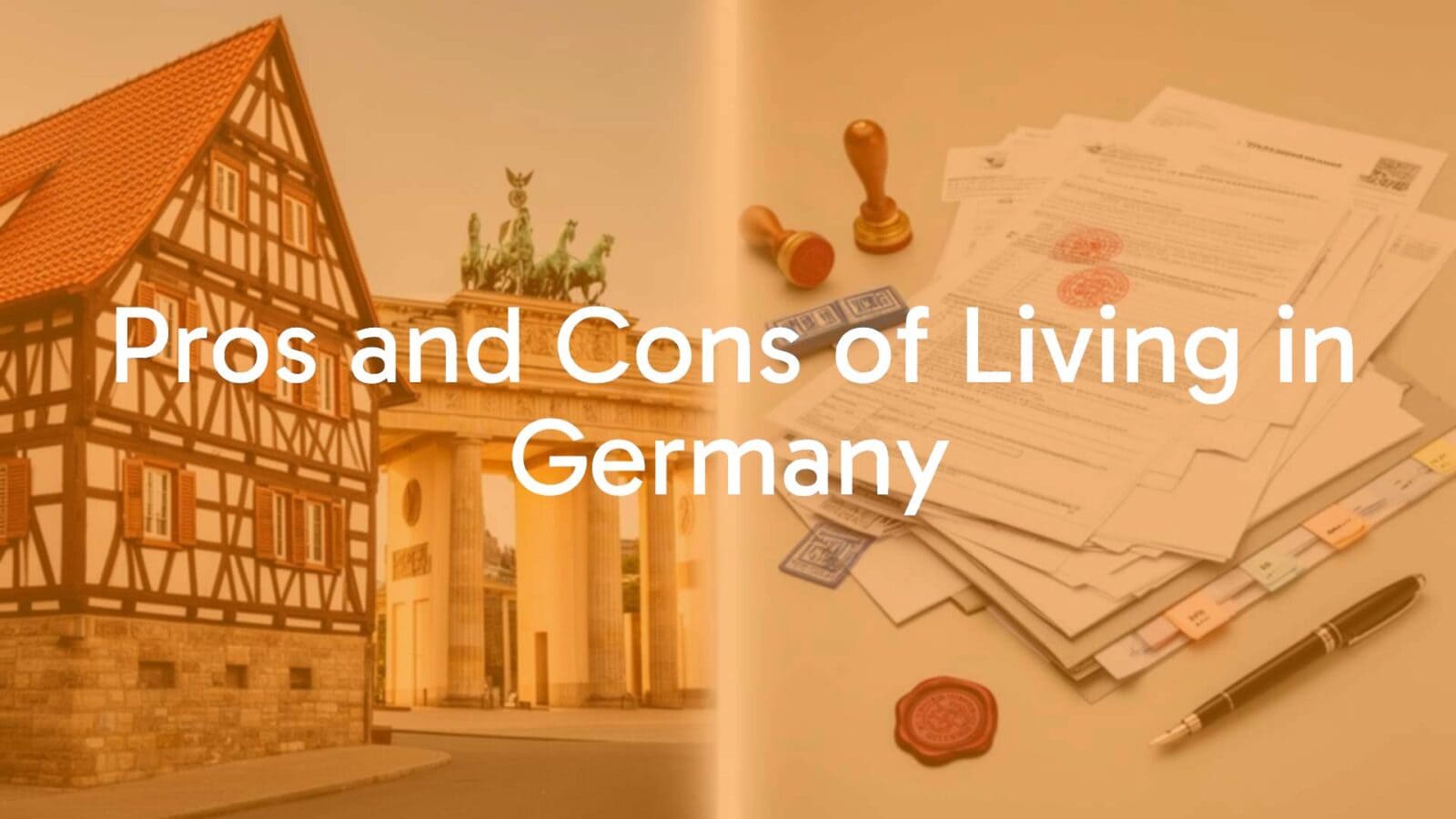 A modern split-screen conceptual image representing Germany, featuring a picturesque traditional half-timbered house and the Brandenburg Gate on one side, and a stack of complex bureaucratic paperwork and stamps on the other, professional photography, clean composition, bright natural light.
